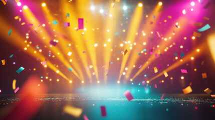Fototapeta premium vibrant stage with colorful lights and confetti creates festive atmosphere, perfect for celebrations and performances. bright beams of light enhance excitement of event