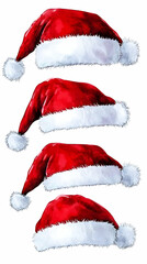 Four Watercolor Santa Hats Isolated on White Background, Perfect for Festive Designs and Holiday Projects.