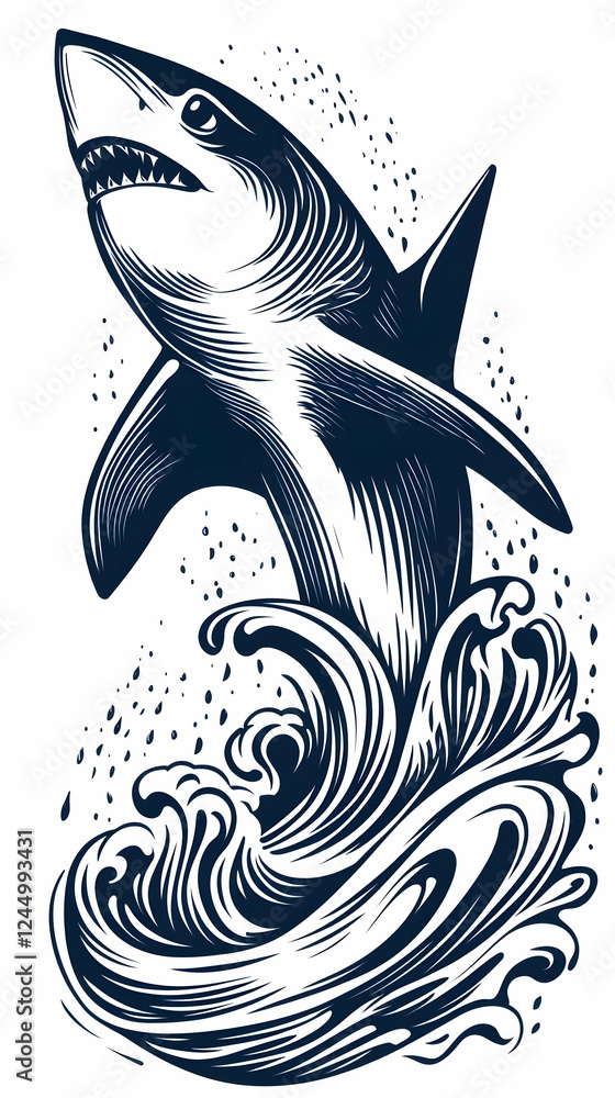Poster powerful shark leaps from a crashing wave, illustration with dynamic movement