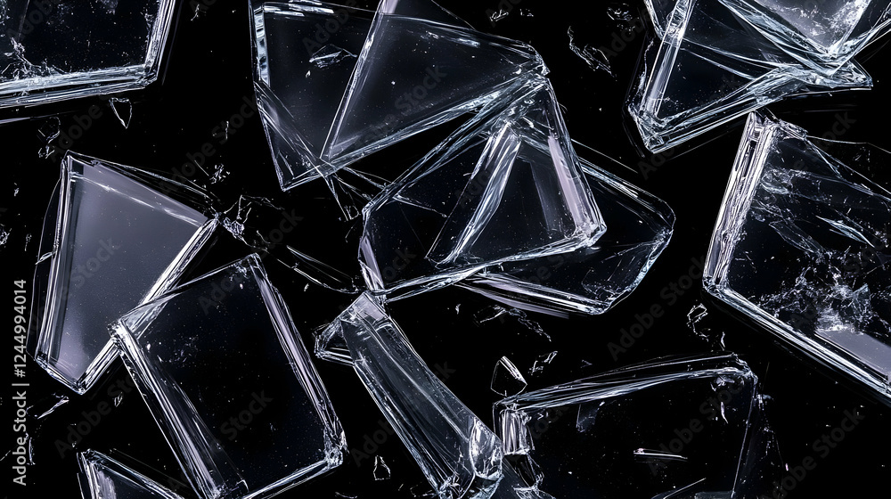 Poster Shattered Glass Shards Scatter Across a Dark Background, Creating an Abstract Texture of Broken Fragments.