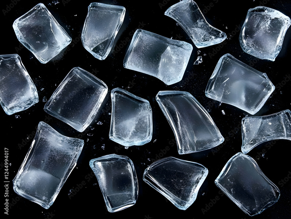 Poster ice cubes scattered on a black background creating a cool, refreshing visual with contrasting textur