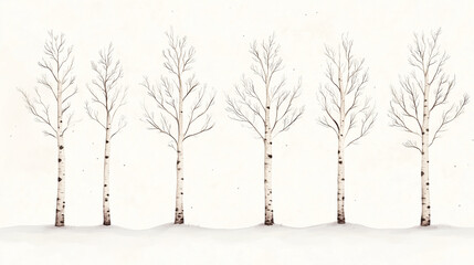 Fototapeta premium Elegant watercolor illustration of bare birch trees standing in a serene winter landscape against a soft white backdrop, evoking a sense of calm and tranquility in nature.