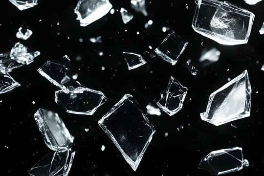 Shattered Glass Shards Explode Dramatically Against a Dark Background with Force and Impact