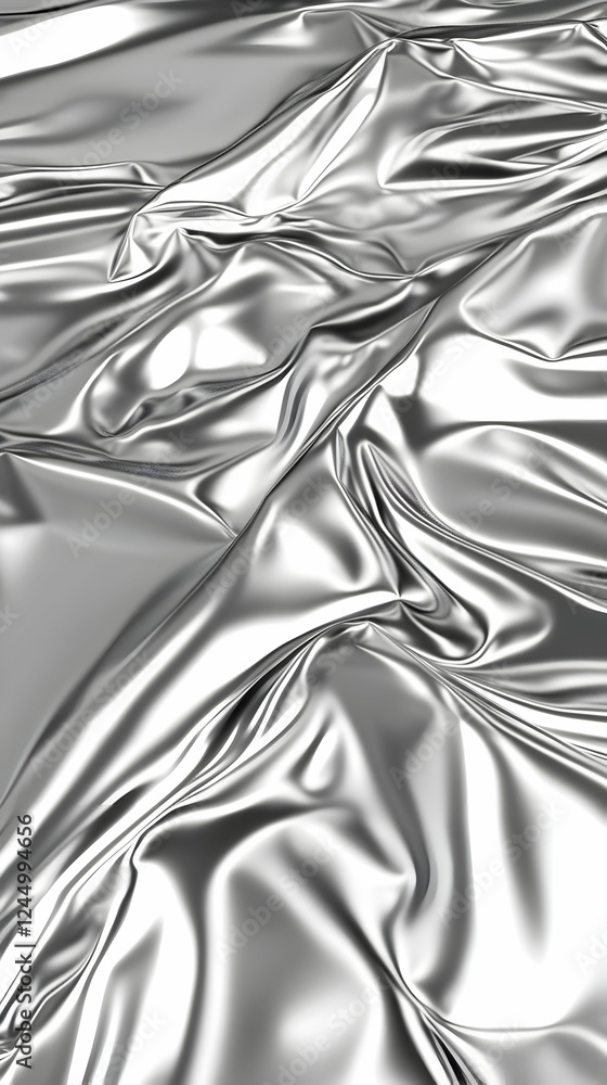 Poster silver fabric flows and ripples, creating elegant texture and abstract metallic sheen