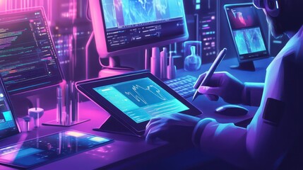 Fototapeta premium cartoon illustration of a person using tablet and computer technology