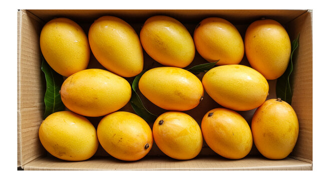 ripe indian organic yellow mango arrange in box, closeup isolated, known in india as kesar, hapus, totapuri, amrapali or alphonso, top view,  in transparent background           