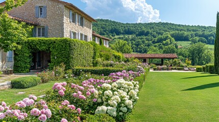 Obraz premium Blooming rose bushes and hydrangeas surrounding a charming French house with lush greenery.