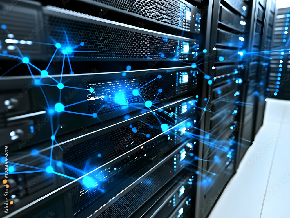 Poster server racks with blue network connections in a data center power the digital world securely and rel