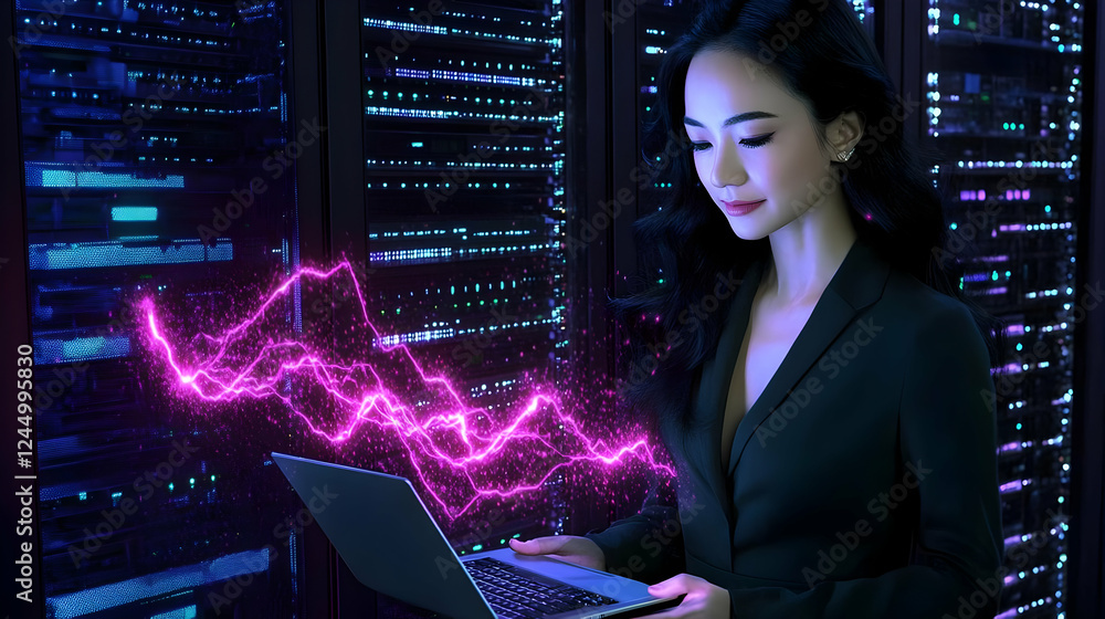 Poster woman analyzes data stream with laptop in server room enhancing data analysis efficiency