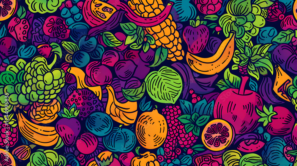 Poster vibrant and colorful fruit pattern with various fruits on a dark background for design use
