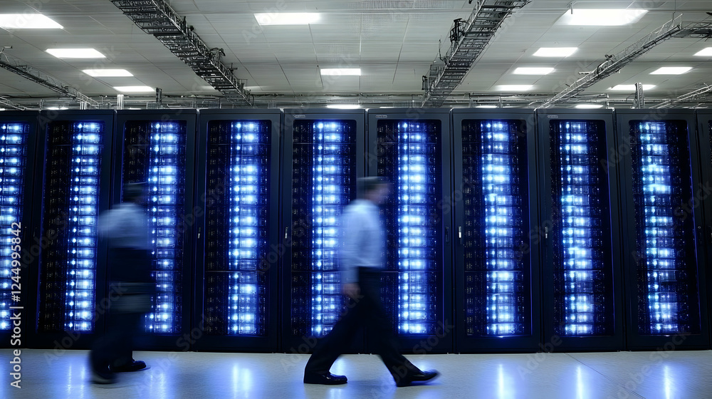 Poster technicians walking past glowing server racks in a modern data center with bright lights.