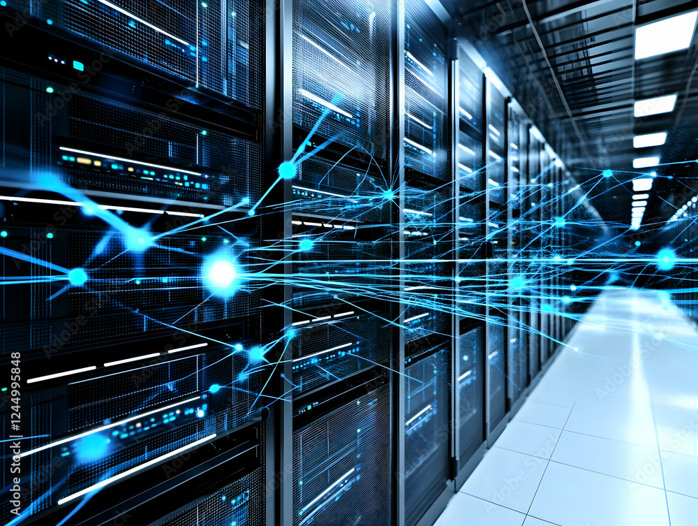 Poster server room shows network connections and data flow with futuristic technology visualization.