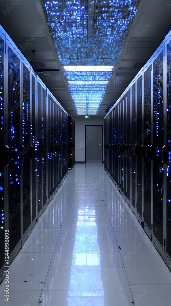 Poster server room rows houses network servers, reflecting on a gleaming tile floor with futuristic lightin