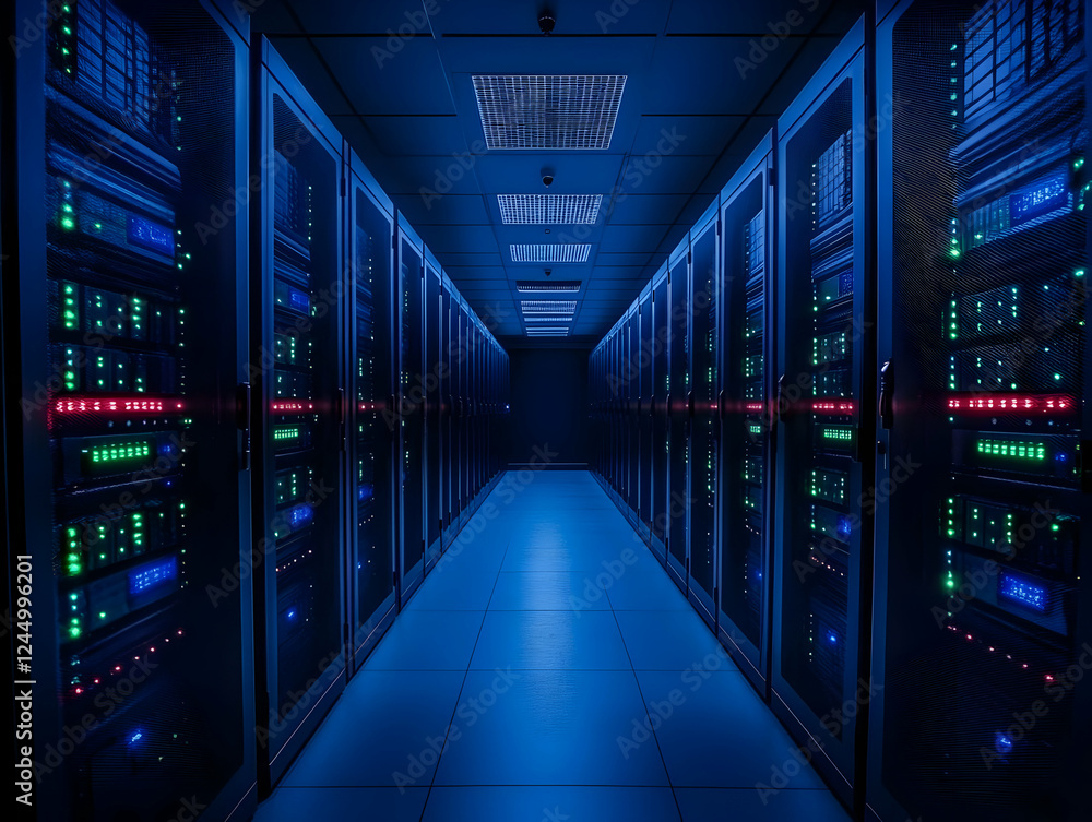 Poster server room houses network servers and infrastructure equipment securely and efficiently.