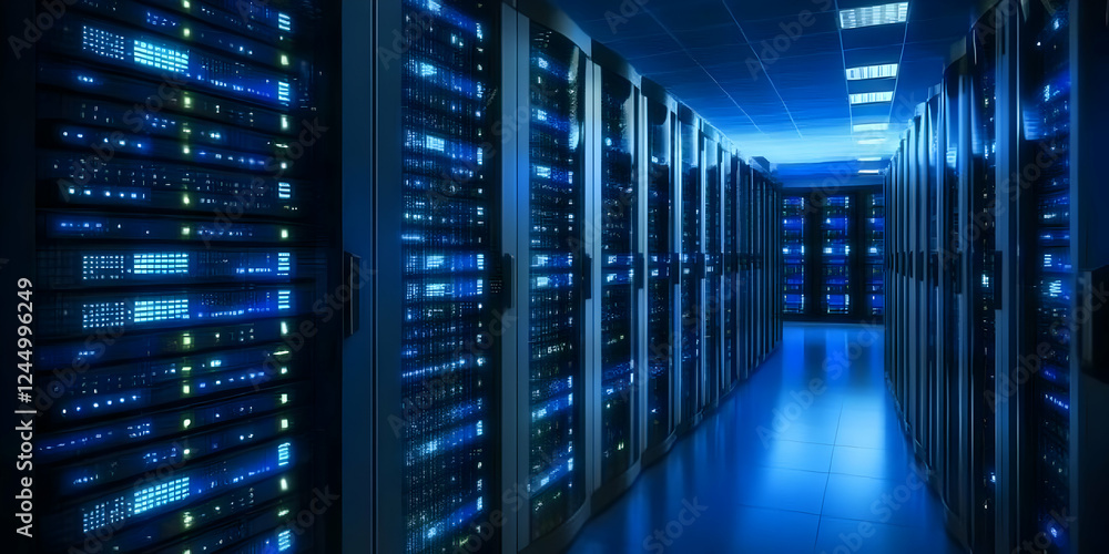 Poster server room houses network servers powering the digital world securely and efficiently with advanced