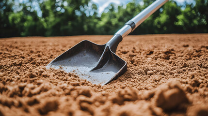 Black Shovel Digs into Dry Brown Soil on a Sunny Day with Blurry Trees in Background