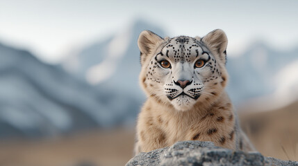 Fototapeta premium Majestic snow leopard resting on a rocky outcrop against a breathtaking mountain landscape showcasing the beauty of wildlife in its natural habitat