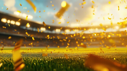 vibrant football field with golden confetti falling, capturing excitement of celebration in stadium. atmosphere is electric, filled with anticipation and joy