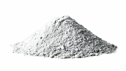 Fototapeta premium Gray cement powder forms a small mound on a clean white background, perfect for construction projects.