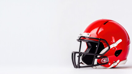 Fototapeta premium vibrant red football helmet positioned on clean white background, showcasing its sleek design and protective features. Perfect for sports enthusiasts and team branding