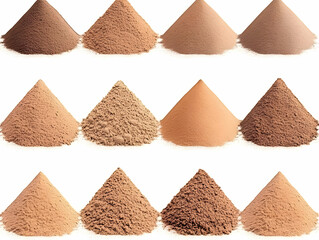 Fototapeta premium Twelve Conical Piles of Brown Powder Display Diverse Shades and Textures on a White Background