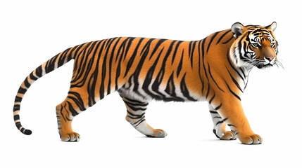 Obraz premium Majestic Tiger Walks with Confidence on a White Background in a Realistic Portrayal