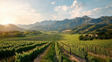 Fototapeta premium Serene Vineyard Landscape Under Golden Hour Light with Majestic Mountains in the Background