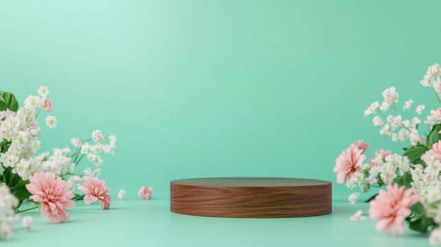 wooden podium surrounded by pink and white flowers on green background creates serene and inviting atmosphere. Perfect for showcasing products or decorations