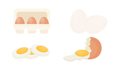 Egg sets in various forms raw, boiled and fried. Organic agricultural products. Ingredients for breakfast