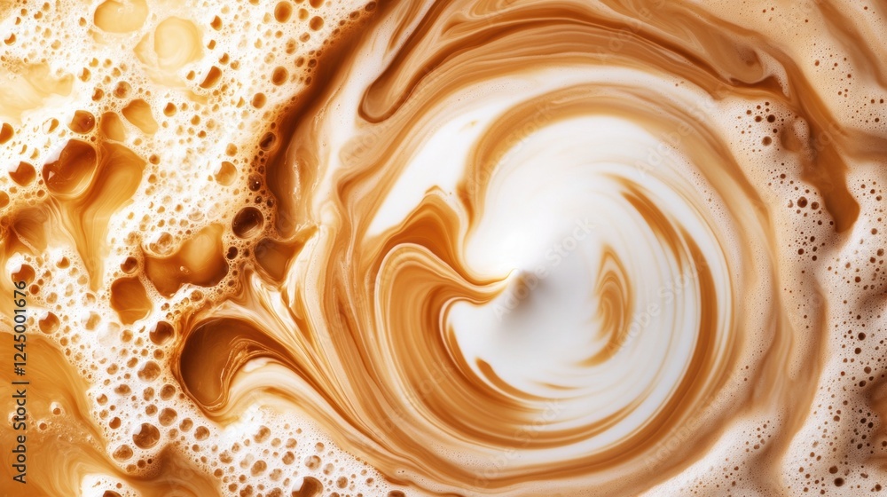 Poster a close-up image of swirling coffee and cream, creating an inviting, aromatic pattern with rich brow