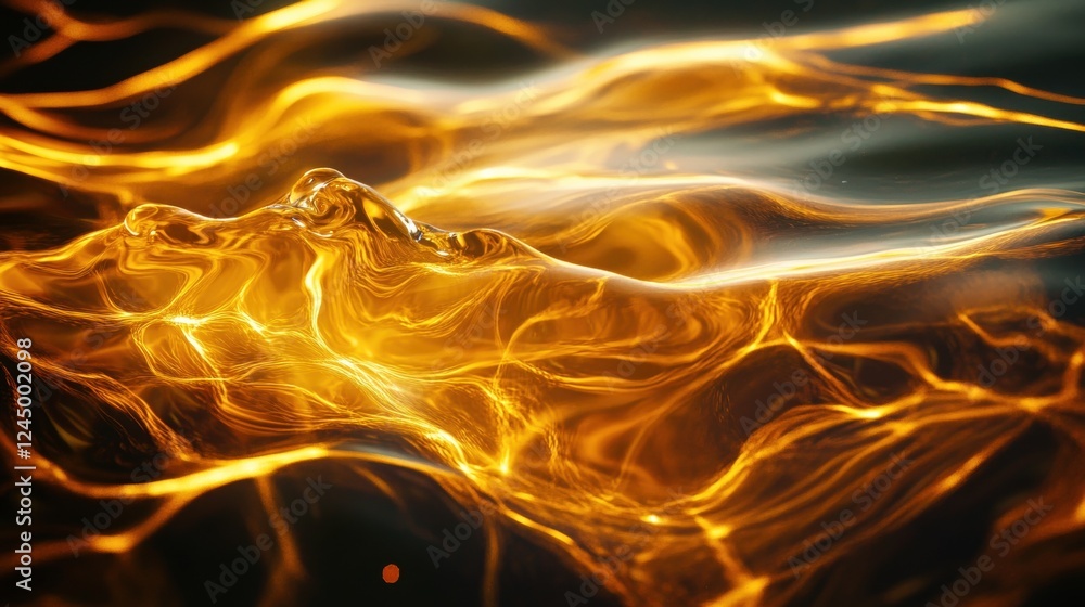 Poster a mesmerizing close-up of shimmering golden liquid waves, showcasing intricate patterns and reflecti