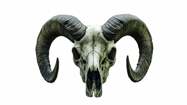 Ram Skull with Large Curved Horns Isolated on White Background.