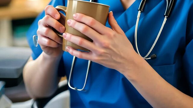 Healthcare professional enjoying a coffee break: hands in focus with stethoscope