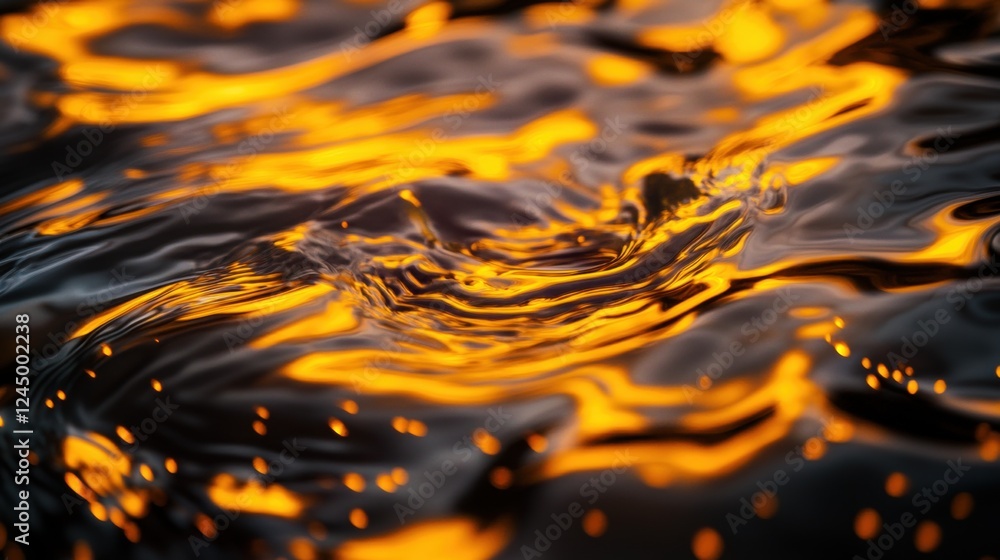 Poster a close-up of shimmering water reflecting golden hues, creating a mesmerizing wave pattern with a ca
