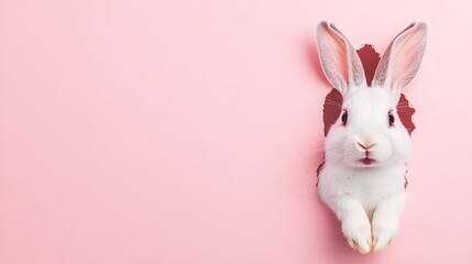 Obraz premium White Cute Rabbit Looking Out with a Surprised Expression on Pink Background: Perfect for Your Advertising Needs
