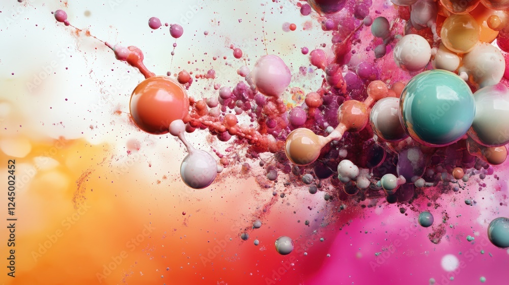 Poster a vibrant explosion of colorful spheres and splashes, creating an abstract and dynamic visual effect