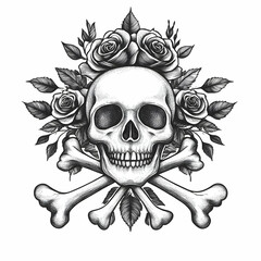 Fototapeta premium Detailed Skull Illustration with Roses and Crossbones on White Background.