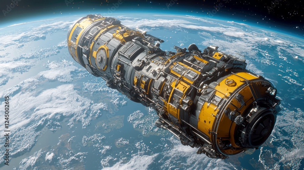 Poster futuristic spaceship orbiting earth: a detailed view of a complex spacecraft design
