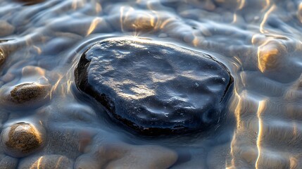 River rock submerged, shallow water, sunlight, pebbles, background texture