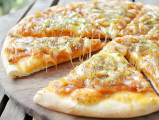 Delicious Cheese Pizza Slices are Served on a Wooden Board in Close-up View
