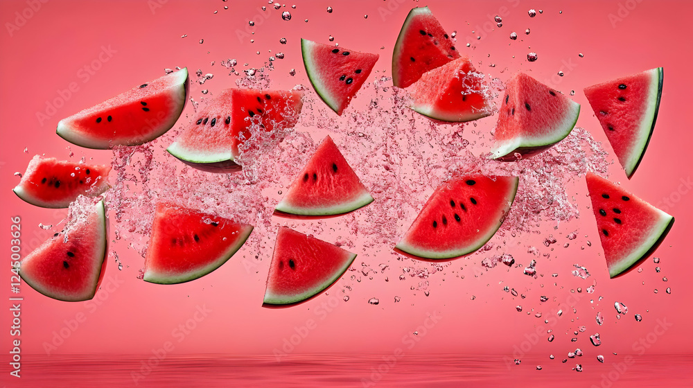 Poster watermelon slices splash and explode refreshingly on a pink background with water droplets.