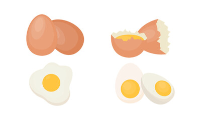 Egg sets in various forms raw, boiled and fried. Organic agricultural products. Ingredients for breakfast