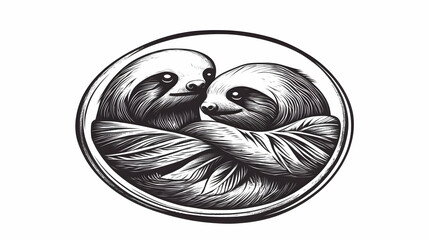Two Sloths Embrace in Oval Frame, Detailed Illustration of Affectionate Animals