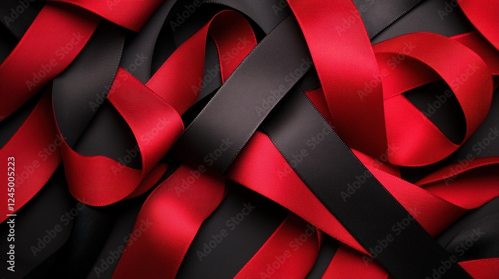 Poster a close-up view of intertwined red and black ribbons, creating a textured and visually striking patt