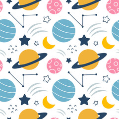 Seamless Pattern of Outer Space Exploration with Floating Astronaut and Planets in Cartoon Flat Design Illustration