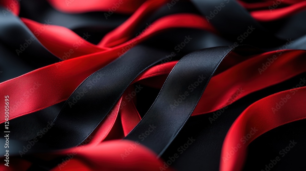 Poster a close-up view of intertwined red and black ribbons, showcasing their smooth texture and flowing fo