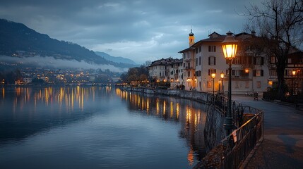 Serene Lakeside Evening View with Warm Streetlights and Reflections at Twilight in a Charming European Town