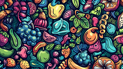 Vibrant and colorful illustration of assorted fruits and vegetables arranged artistically, showcasing nature's bounty with intricate detailing, perfect for food-related projects