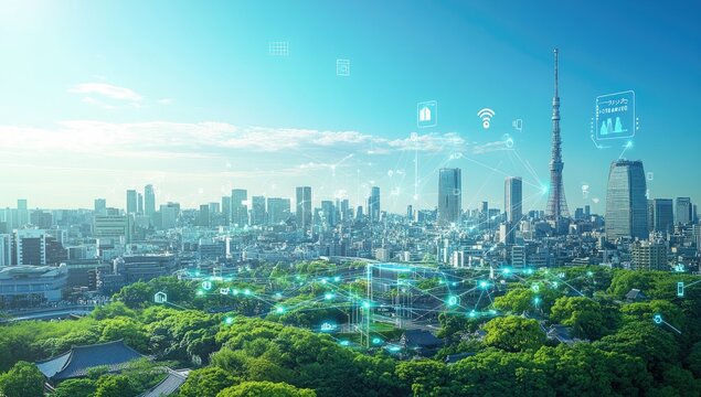Smart City Network Tokyo Skyline Green Spaces Technology