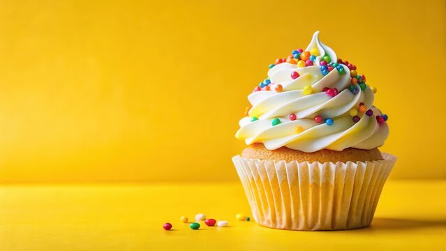 A colorful cupcake with swirled white frosting and vibrant sprinkles against a bright sunny yellow background, cake, cupcake